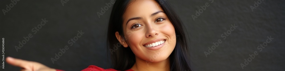 A woman with long black hair points at something, possibly mysterious or intriguing
