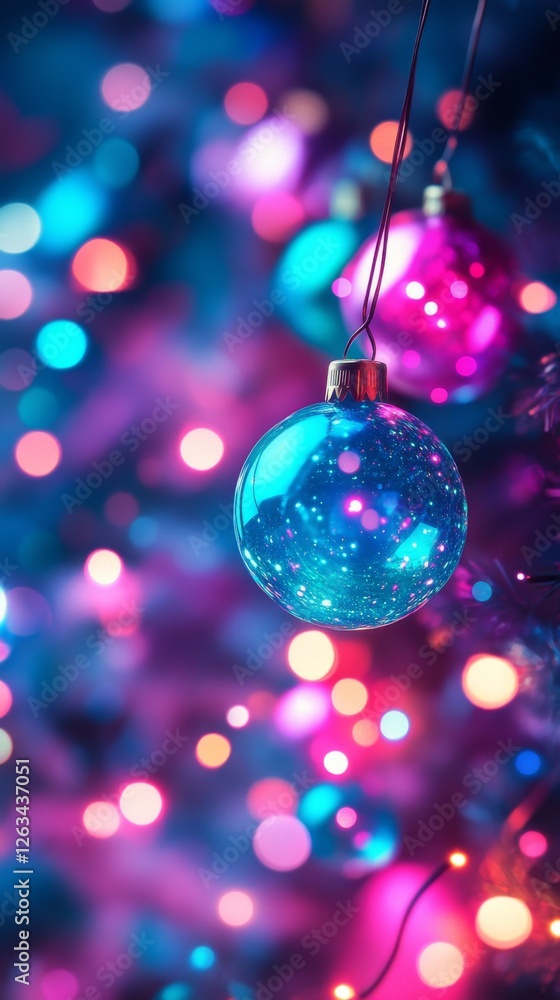 Fototapeta premium Festive close-up of a glowing glass Christmas ornament reflecting colorful bokeh lights in a magical holiday setting.