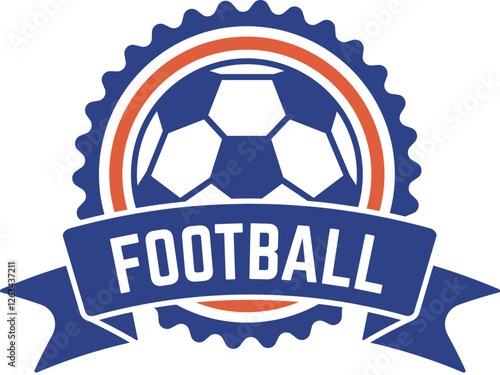 Football club emblem featuring ball and ribbon banner, ideal for sports branding, competition or championship, promoting team spirit and athletic achievement