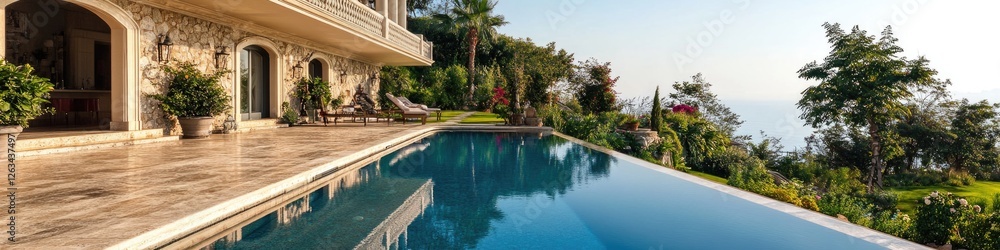 Lush greenery surrounds a large swimming pool overlooking the ocean, perfect for a relaxing day at the beach Lush greenery surrounds a large swimming pool overlooking the ocean, perfect for a relaxing day at the beach