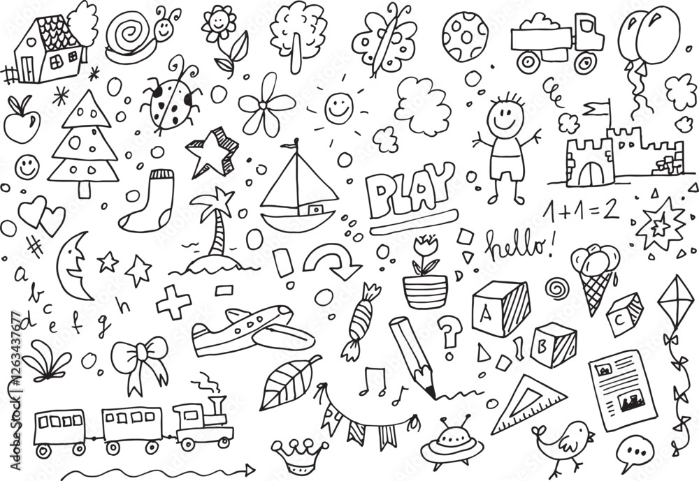 Hand drawn kids vector doodle set over white background Hand drawn kids vector doodle set over white background