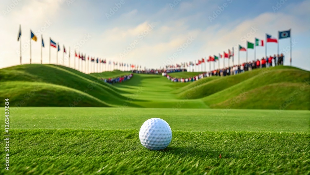Fototapeta premium Golf Ball on Lush Green Grass with Flags and Spectators in the Background at a Tournament