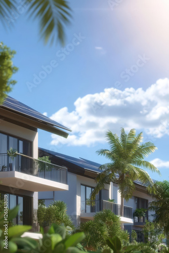 Wallpaper Mural Discover Modern Sustainable Living: A Stunning Architectural Marvel with Solar Panels Surrounded by Lush Tropical Greenery and Breathtaking Views of a Vibrant Community. Torontodigital.ca