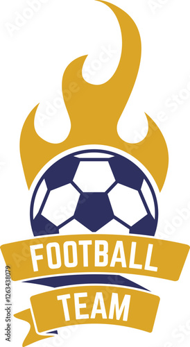 Football team logo featuring a burning soccer ball with flames and two ribbons with the words football and team written on them, creating a dynamic and passionate emblem