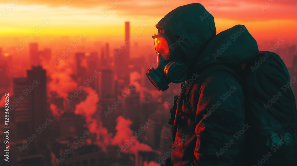 Man in Gas Mask Standing Amidst a Burning City Man in Gas Mask Standing Amidst a Burning City