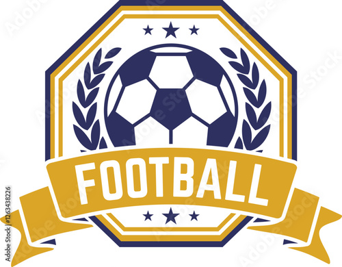 Football club logo with ball, laurel wreath and golden ribbon with stars, ideal for sport leagues, championships, competitions and tournaments