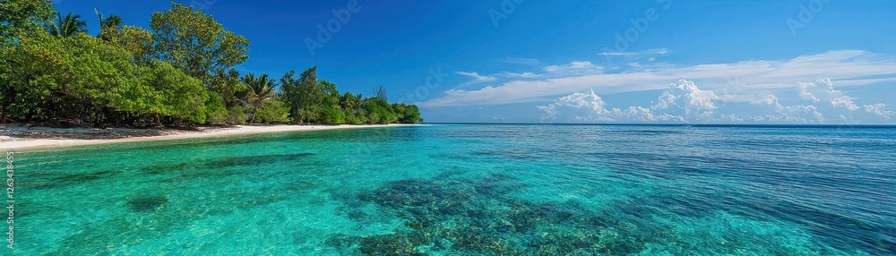 Fototapeta premium A stunning tropical beach scene with clear turquoise waters, lush green trees, and a bright blue sky.