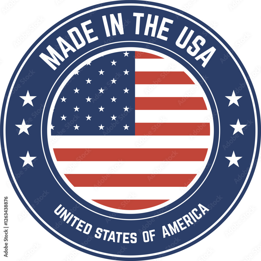 Round made in the USA label featuring the american flag and stars, ideal for evoking patriotism and national pride on products and branding materials Round made in the USA label featuring the american flag and stars, ideal for evoking patriotism and national pride on products and branding materials