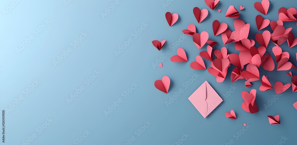 Romantic Valentine's Day flat lay with a paper love letter envelope and heart decorations on a blue background – ideal for love-themed invitations, festive designs, and digital artwork Romantic Valentine's Day flat lay with a paper love letter envelope and heart decorations on a blue background – ideal for love-themed invitations, festive designs, and digital artwork