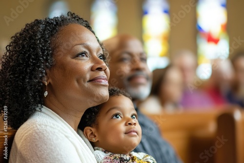 A woman holds a child's hand in a peaceful church setting, perfect for family or faith-related uses