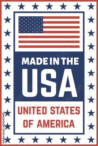 Vertical label featuring the American flag, the text Made in the USA and United States of America, and a decorative border of stars, evoking patriotism and American made products