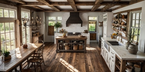Wallpaper Mural Rustic Farmhouse Kitchen With Wooden Beams And Island Torontodigital.ca
