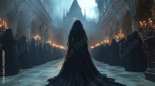 Elegant figures in dark flowing outfits gather in a gothic ballroom illuminated by flickering candlelight surrounded by old castle architecture