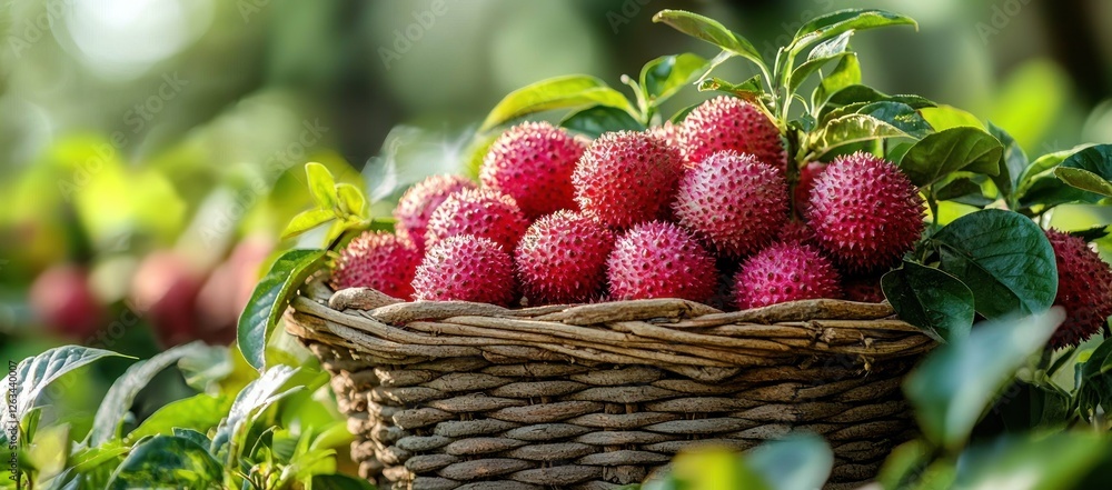 Fresh, ripe rambutan fruits in a wicker basket, surrounded by lush green foliage. Fresh, ripe rambutan fruits in a wicker basket, surrounded by lush green foliage.