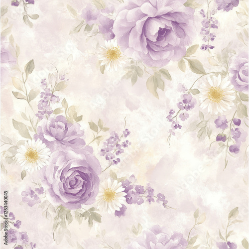 A soft watercolor floral illustration featuring delicate roses, daisies, and peonies in light, airy tones of lavender, cream, and soft pink. The gentle brushwork creates a dreamy, romantic design.