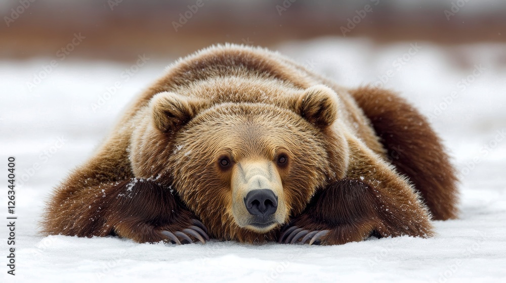 Fototapeta premium Brown Bear Resting in Snowy Serenity