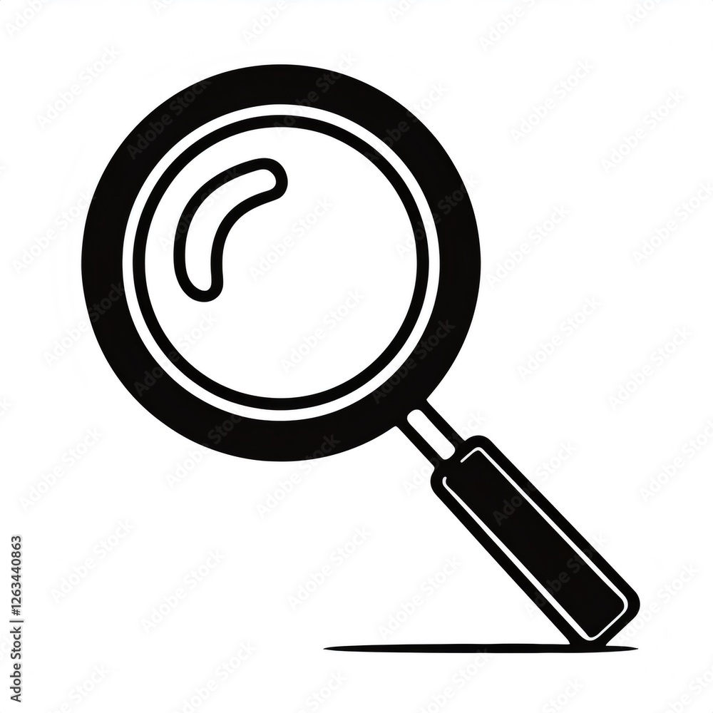 Black magnifying glass icon casting shadow on white background Black magnifying glass icon casting shadow on white background