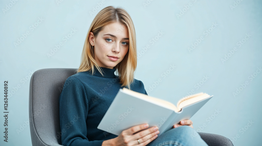 beautiful young woman reading book on sofa isolated on blue pastel background beautiful young woman reading book on sofa isolated on blue pastel background