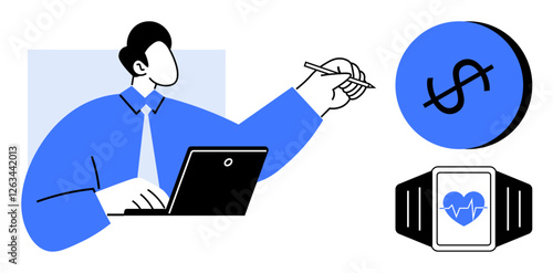 Businessman works on laptop, holding pen with dollar sign and smartwatch featuring heart rate monitor. Ideal for business, finance, health, technology, productivity, management creativity. Abstract