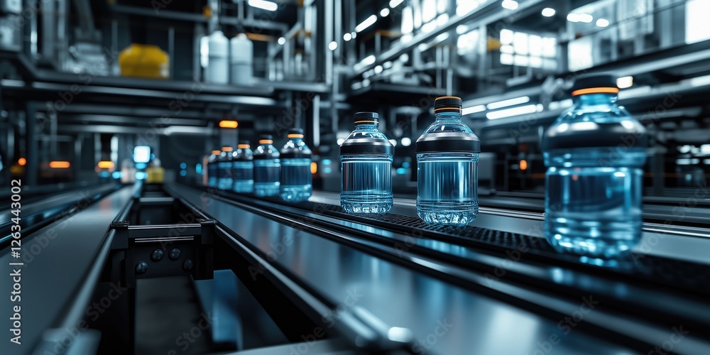 A close-up view of water bottles on a conveyor belt in a modern factory, showcasing efficiency and automation in beverage production. A close-up view of water bottles on a conveyor belt in a modern factory, showcasing efficiency and automation in beverage production.