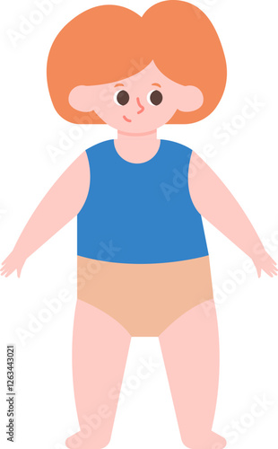 Vector illustration of a red haired toddler wearing blue sleeveless shirt and beige diaper standing with open arms, isolated on white background representing childhood and innocence