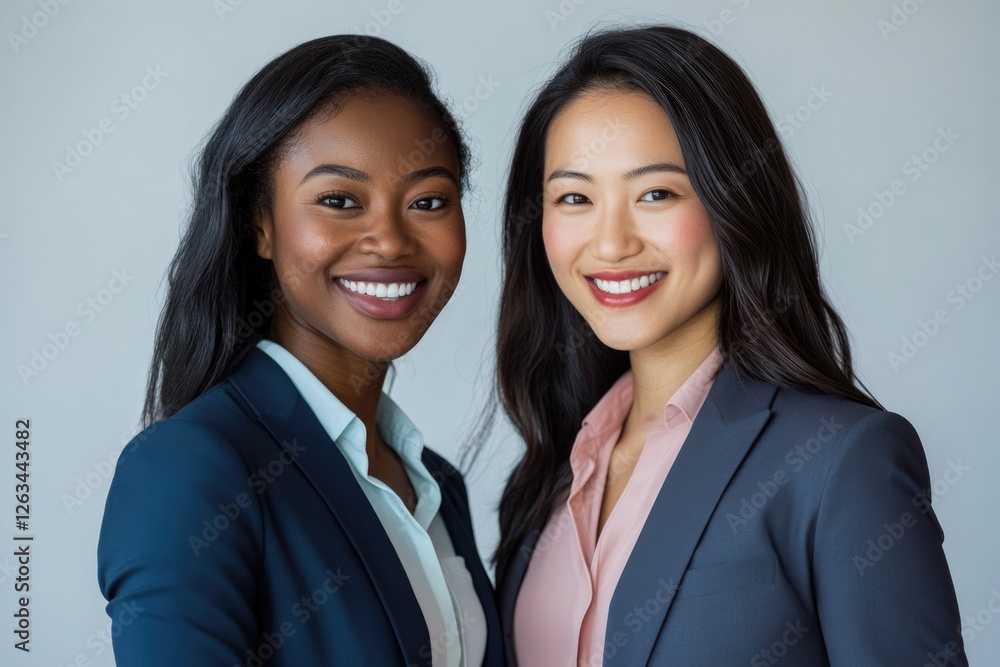 Two smiling businesswomen, one Black and one Asian, dressed in suits, showcasing diversity and professionalism. Two smiling businesswomen, one Black and one Asian, dressed in suits, showcasing diversity and professionalism.