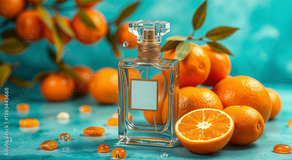 A clear glass perfume bottle surrounded by fresh oranges. The vibrant orange color of the fruits contrasts beautifully with the blue background. A clear glass perfume bottle surrounded by fresh oranges. The vibrant orange color of the fruits contrasts beautifully with the blue background.