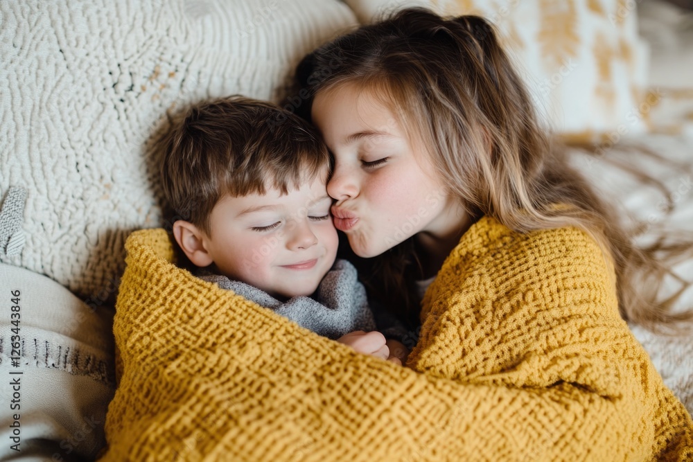 Two children relaxing on a bed, comfortable and happy Two children relaxing on a bed, comfortable and happy