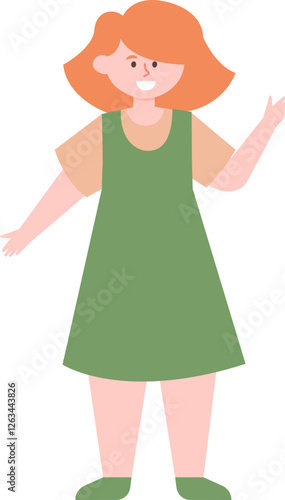 Full length vector illustration featuring a young woman with vibrant red hair, wearing a cheerful green apron, smiling and waving happily with her hand raised in a friendly greeting