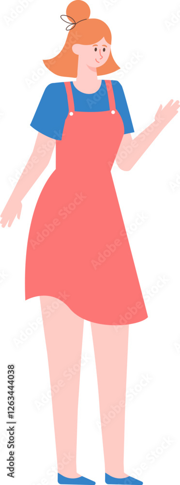 Full length vector illustration of a cheerful young woman with red hair tied in a bun, wearing a blue t shirt and a pink overall dress, waving her hand in greeting or saying goodbye Full length vector illustration of a cheerful young woman with red hair tied in a bun, wearing a blue t shirt and a pink overall dress, waving her hand in greeting or saying goodbye