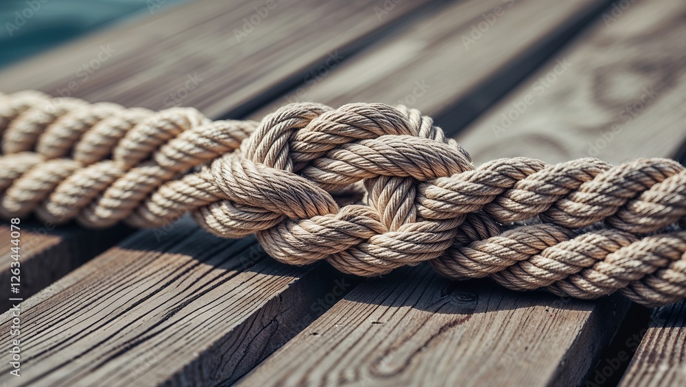 Fototapeta premium Close-Up of a Sturdy Nautical Knot on Weathered Wooden Planks, Symbolizing Strength and Maritime Tradition