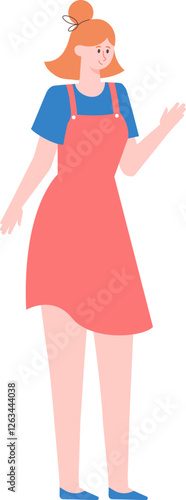 Full length vector illustration of a cheerful young woman with red hair tied in a bun, wearing a blue t shirt and a pink overall dress, waving her hand in greeting or saying goodbye