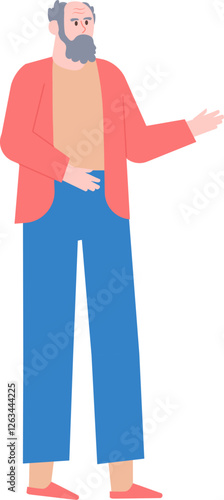 Full body illustration featuring an elderly man with grey hair and beard, wearing casual clothes, gesturing with his hand to show and present something in a friendly manner