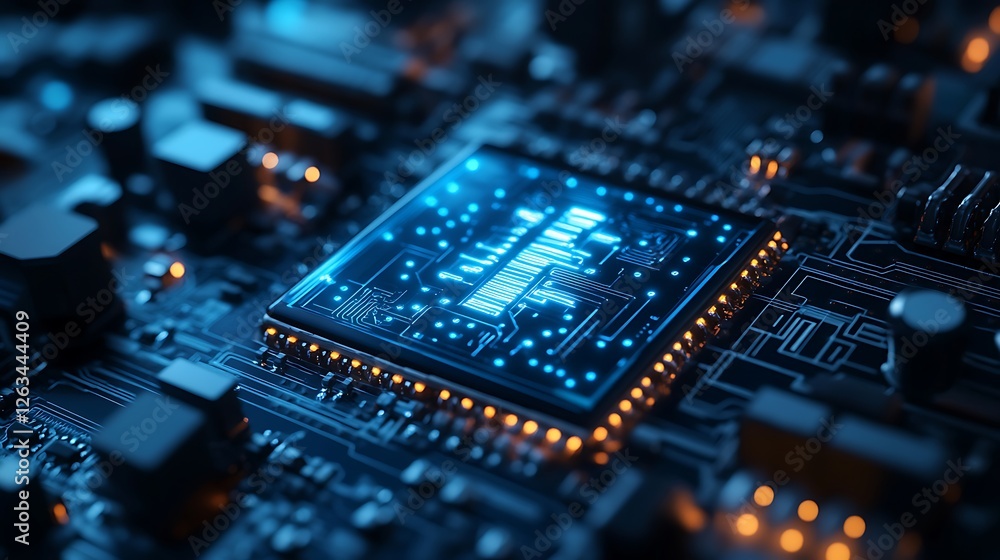 Close-up of a glowing microprocessor on a circuit board, showcasing intricate technological details. Close-up of a glowing microprocessor on a circuit board, showcasing intricate technological details.