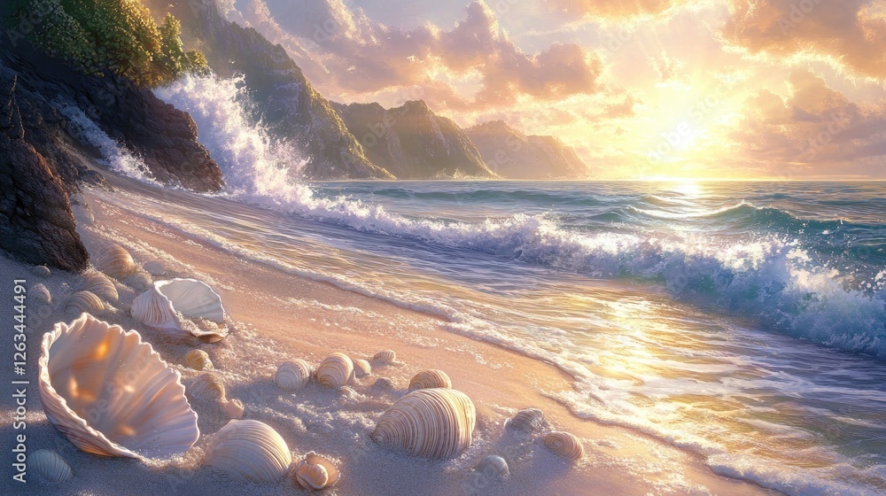 Seashells resting on the sandy shore, with a breathtaking ocean view and bright sun rays illuminating the scene.