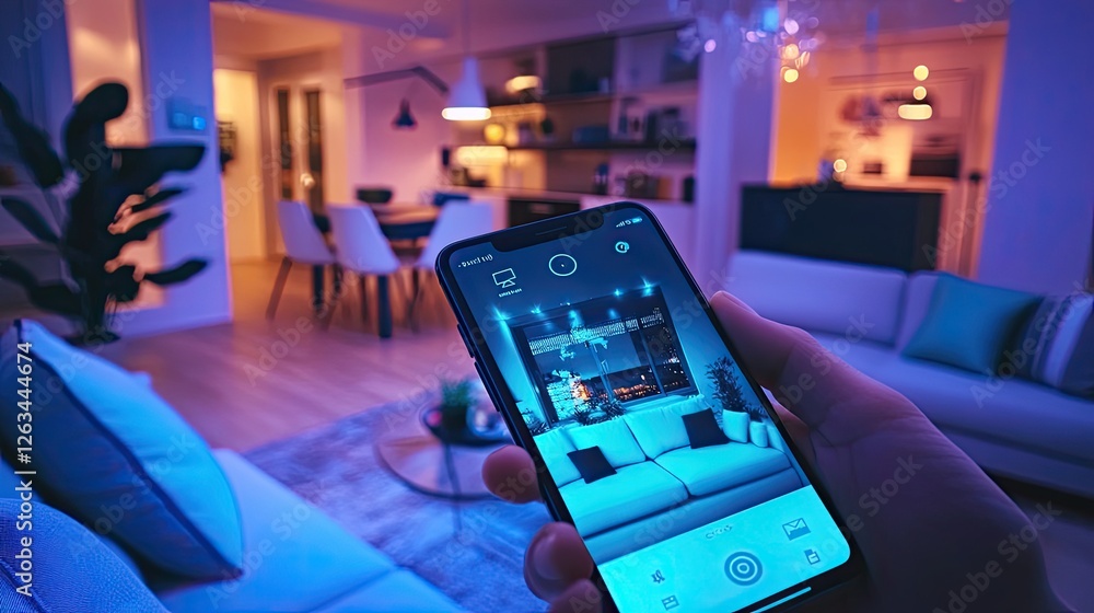 Fototapeta premium Secure home technology: Modern surveillance camera tracking indoor activity, smartphone showing clear live footage.