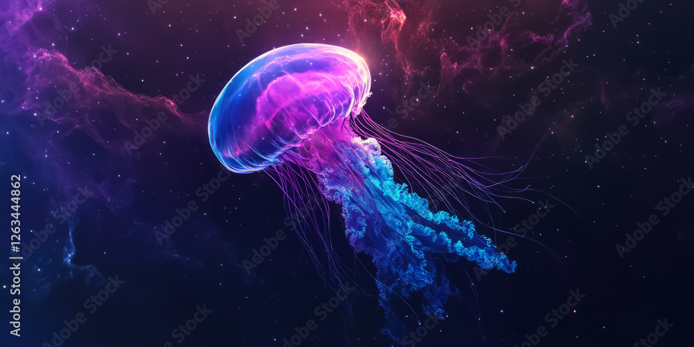 Fototapeta premium A vibrant cosmic jellyfish nebula, its tendrils of purple and blue gas drifting gracefully through the interstellar void.