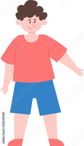 Full length vector illustration of a smiling young boy with open arms, dressed in a salmon t shirt, blue shorts, and salmon socks, exuding a friendly and welcoming vibe
