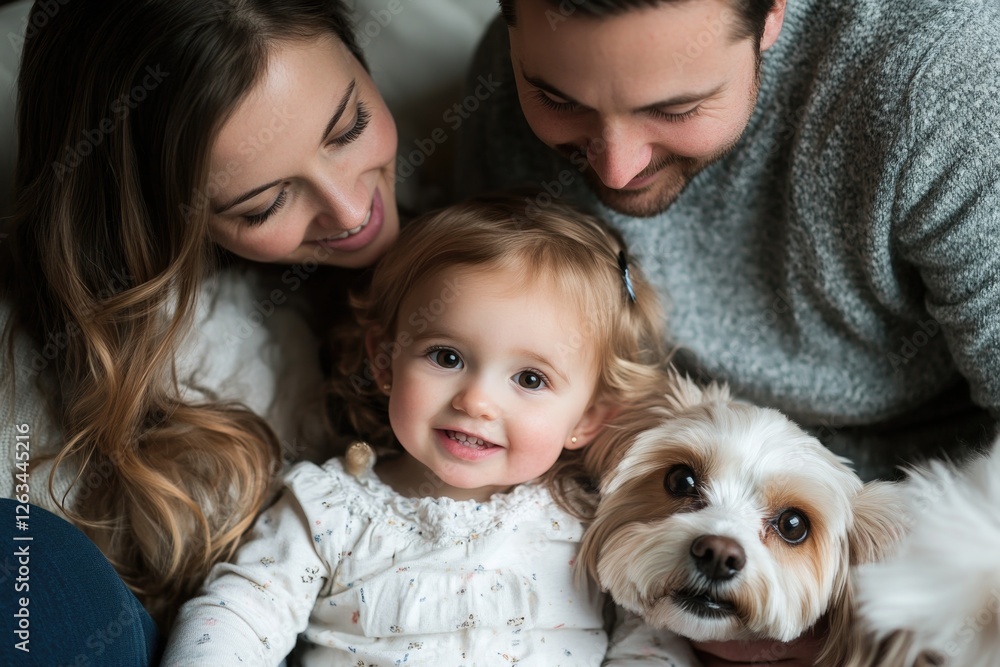 A family with a parent, their child and a dog in a casual setting A family with a parent, their child and a dog in a casual setting