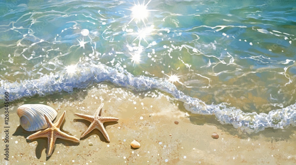 Sunny beach scene featuring delicate seashells and starfish on the shore, shimmering water reflecting the afternoon light. Sunny beach scene featuring delicate seashells and starfish on the shore, shimmering water reflecting the afternoon light.