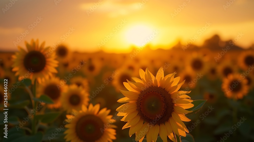 Fototapeta premium Golden Hour Sunflowers: A Sunset Symphony in a Sunflower Field