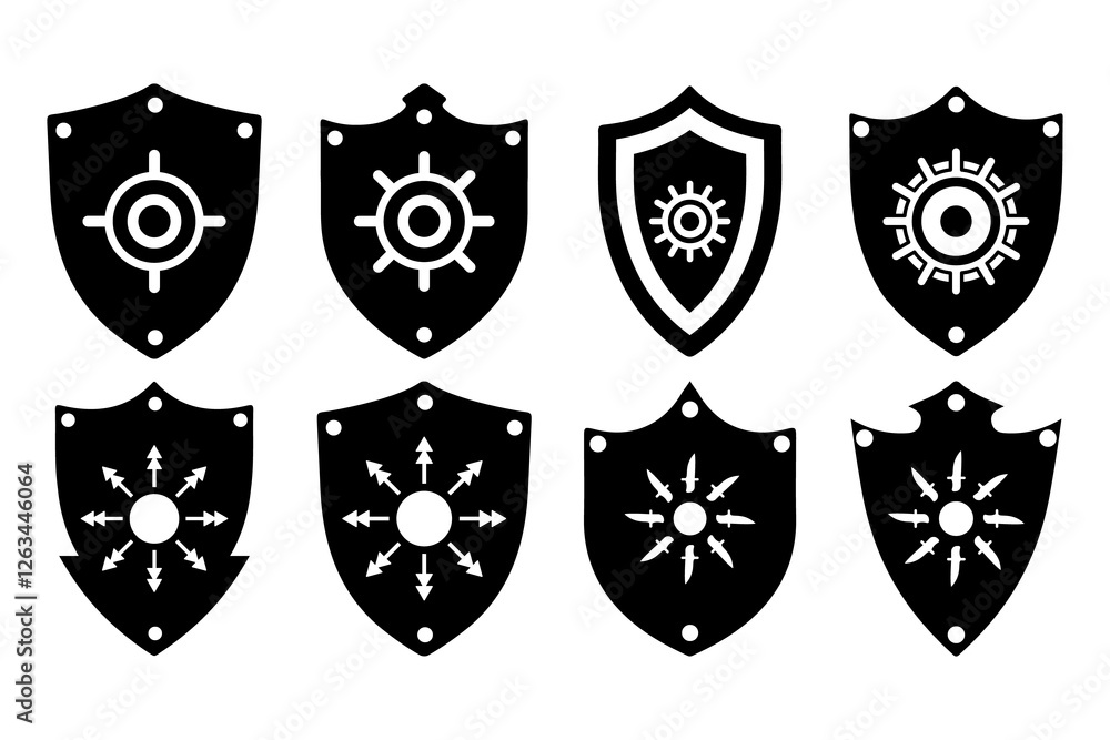 Fototapeta premium Shield Silhouette Icon vector Pack Unique Security Fantasy Shield Designs illustration on white background.
