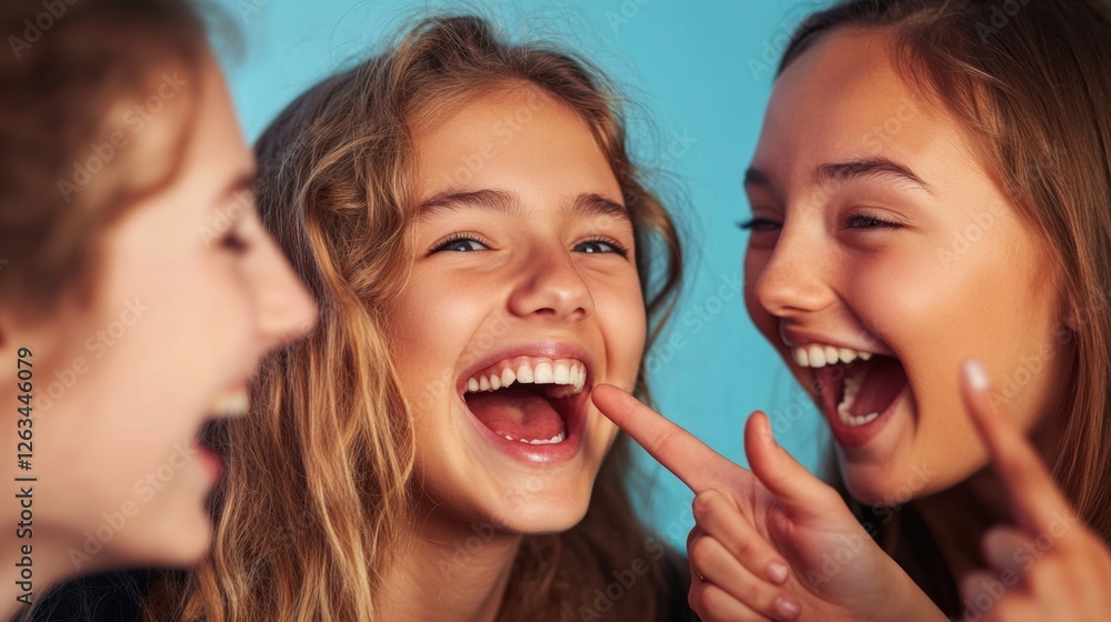 A group of young girls laughing and having fun, pointing their fingers at the camera A group of young girls laughing and having fun, pointing their fingers at the camera