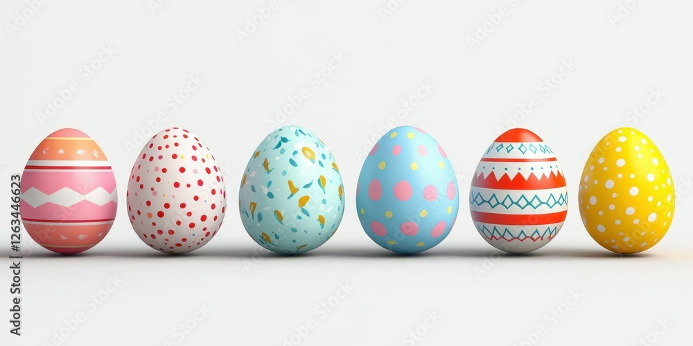 Colorful Easter eggs arranged in a row, showcasing various decorative patterns and colors on a neutral background