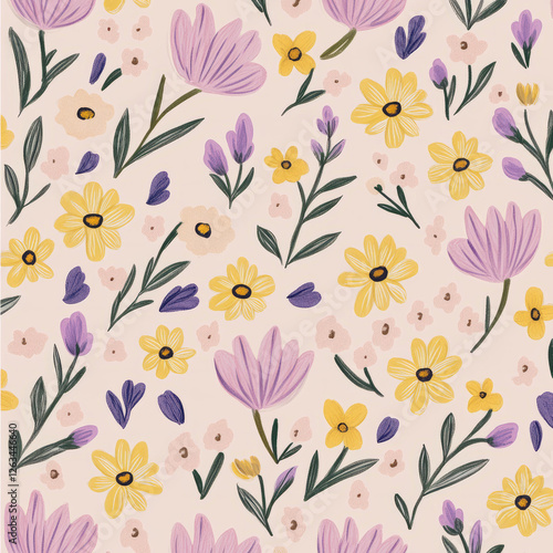 Wallpaper Mural A charming, whimsical floral illustration with hand-drawn daisies, tulips, and hydrangeas in soft pastels of pink, yellow, and purple. The playful design is perfect for creating a lighthearted and Torontodigital.ca