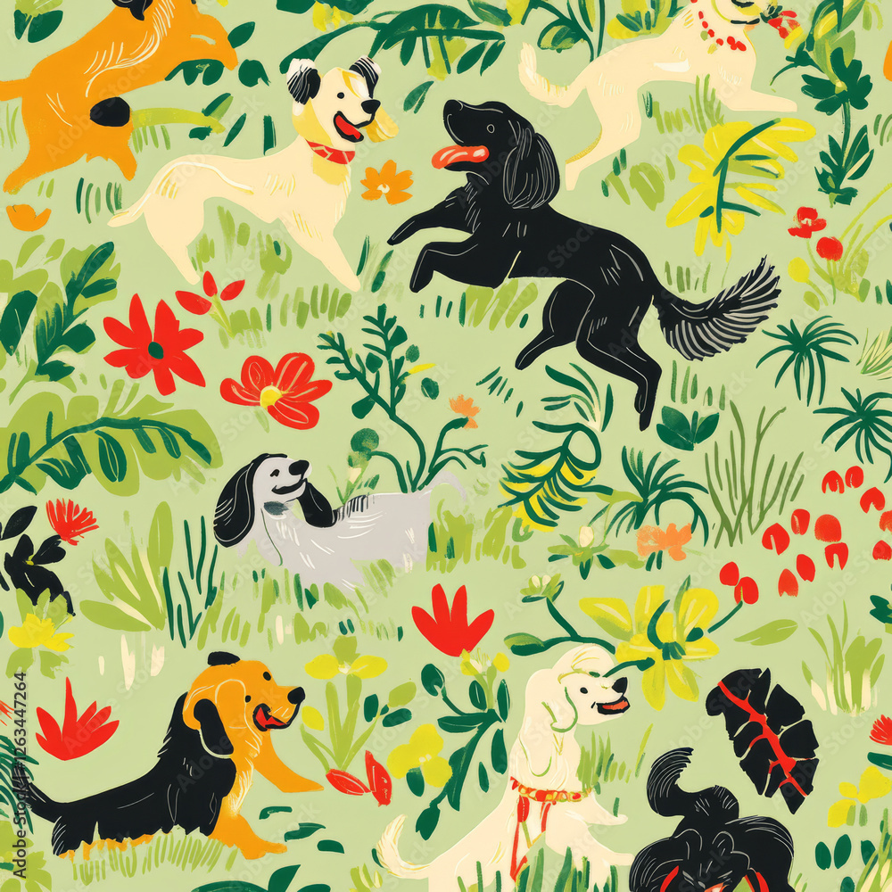 Naklejka premium A bright, modern illustration with border collies, cocker spaniels, and dachshunds playing fetch on grassy fields. The colors are bold, with pops of red, yellow, and green, creating an active and
