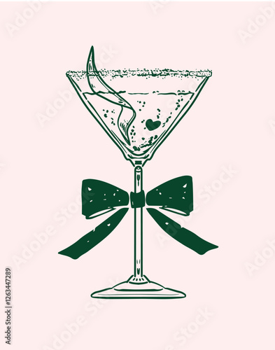 Hand drawn martini drink glass with a lemon garnish and a bow, Coquette martini illustartion, Cocktail glass outline doodle drawing, Cocktail  illustration for T-shirt, postcards and branding