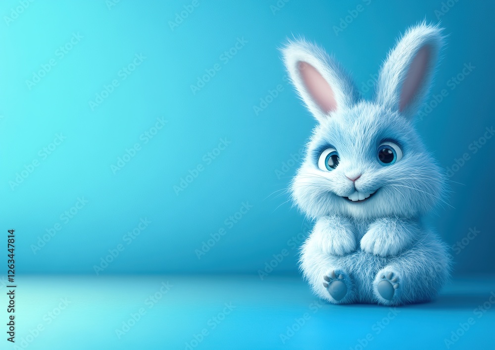Obraz premium 3d Bunny Animation Cartoon Cute Smiling Fluffy Ears Blue Background Copy Space Happy Easter Greeting Card
