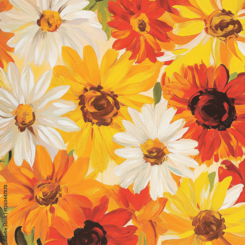 Obraz premium A cheerful, bold floral illustration with large daisies, marigolds, and sunflowers in vibrant yellow, orange, and red. The design brings warmth and energy to any space, perfect for bright, uplifting