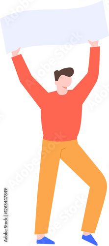 Young man holding empty banner protesting for human rights, freedom of speech and demonstrating against injustice and fighting for equality, vector illustration